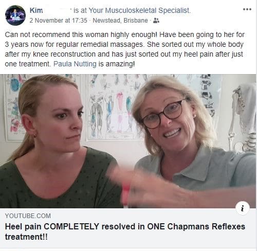 Two woman in a clinic discussing how one treatment from Paula Nuttings unique protocol has removed the pain in her heel