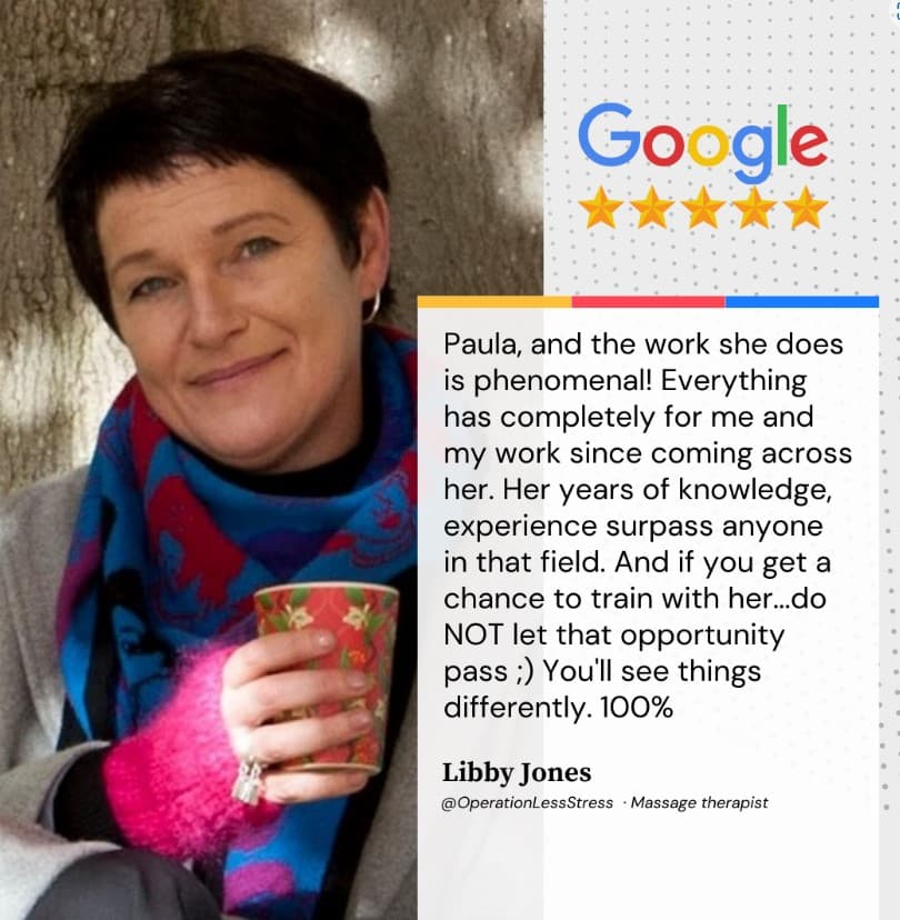 Girl smiling with coffee and a 5 star review of Paula Nuttings training